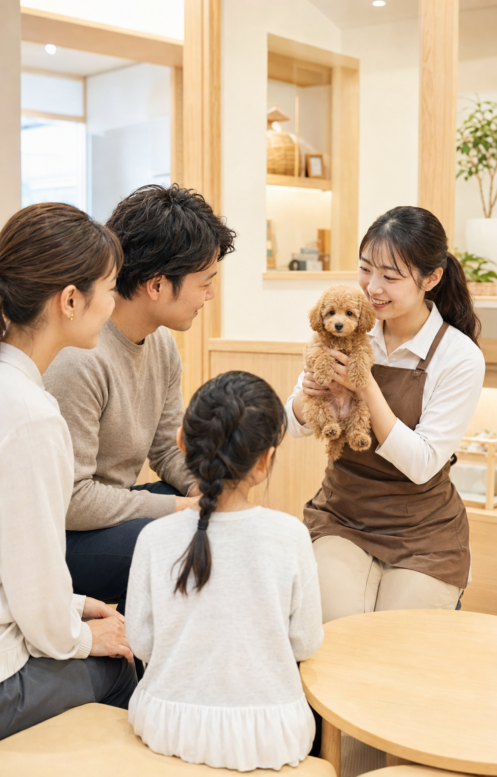 店舗スタッフからペットの健康状態や育った環境について説明を受ける家族